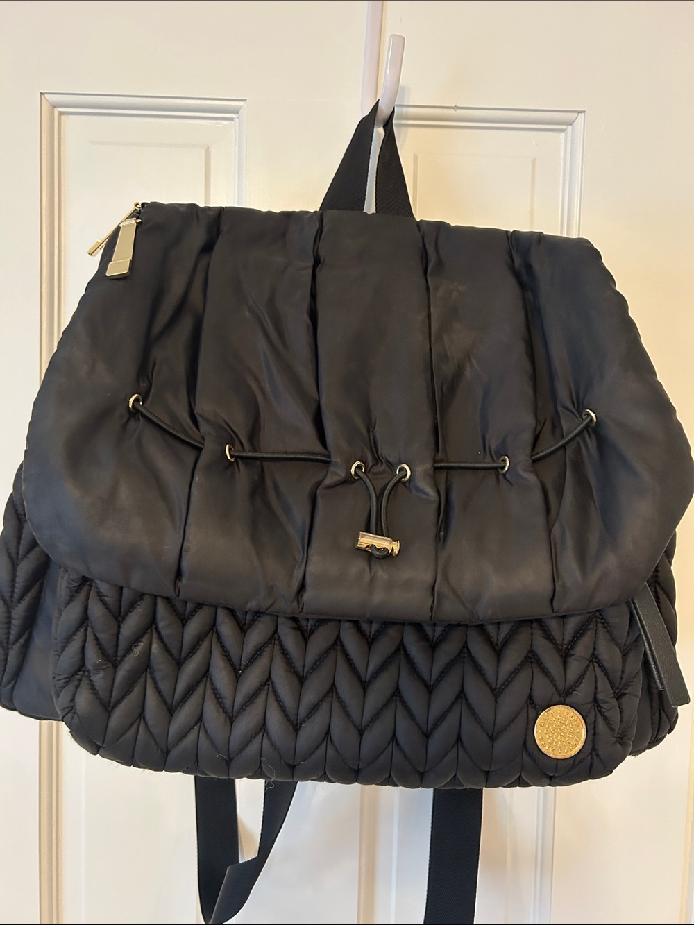 Happy Black Quilted Backpack Diaper Bag with Gold Accent